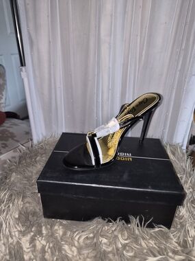 Black and Gold High Heel Slide Sandal - Women